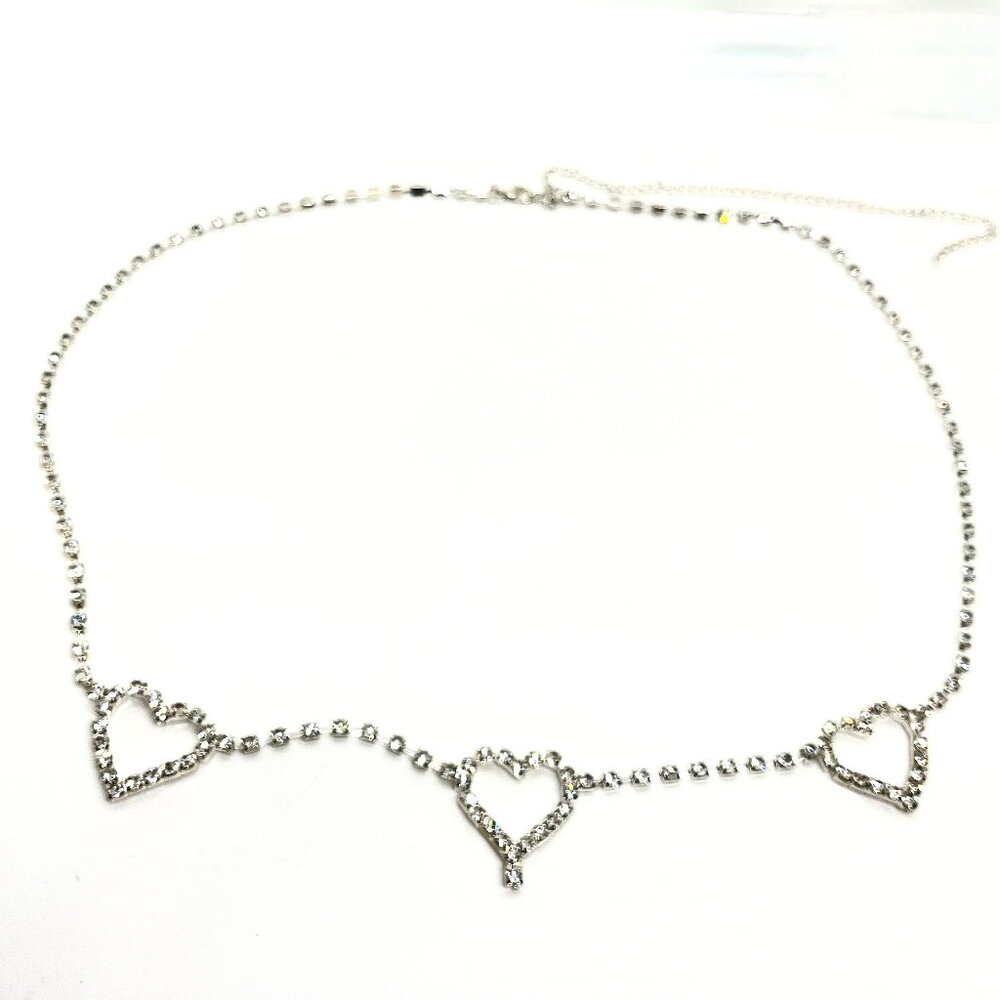 RHINESTONE HEART BELT Silver Tone Tennis Chain Y2K Belt Convertible Necklace